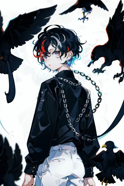 1boy, male focus, black hair, chain, pants, looking back, shirt, black shirt, bird, from behind, short hair, multicolored hair, looking at viewer, long sleeves, jewelry, white background, black pants, earrings, holding