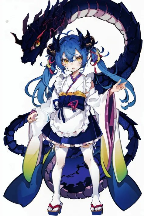 yellow eyes, apron, solo, tail, blue hair, horns, 1girl, duel monster, white background, wa maid, maid apron, open mouth, dragon girl, dragon tail, dragon horns, full body, simple background, chibi, white apron, japanese clothes, kimono, multicolored hair, standing, wide sleeves, bangs, frilled apron, twintails, hair between eyes, long sleeves, sweatdrop