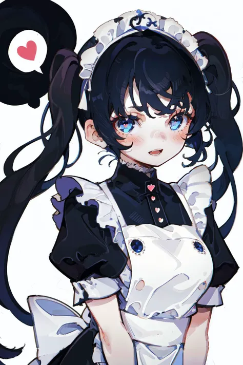 1girl, maid headdress, solo, maid, apron, long hair, open mouth, white background, blush, maid apron, short sleeves, looking at viewer, black hair, twintails, blue eyes, bangs, simple background, speech bubble, heart, upper body, dress, puffy sleeves, smile, swept bangs