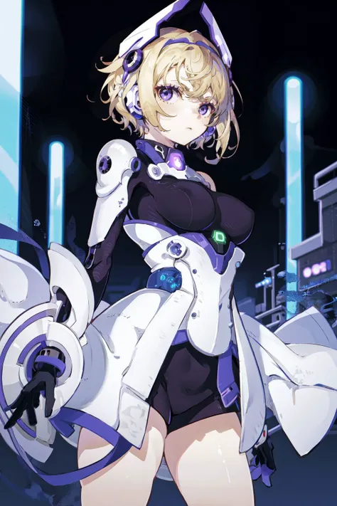 1girl, solo, blonde hair, purple eyes, looking at viewer, short hair, science fiction, closed mouth, bangs, headgear, night, standing, cowboy shot, mecha musume