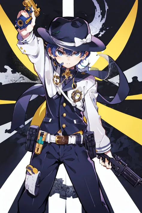 weapon, gun, hat, 1boy, male focus, parody, revolver, handgun, solo