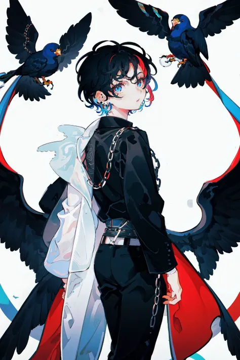 1boy, male focus, black hair, chain, pants, looking back, shirt, black shirt, bird, from behind, short hair, multicolored hair, looking at viewer, long sleeves, jewelry, white background, black pants, earrings, holding