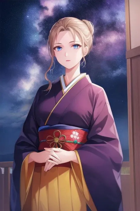 1girl, huge_breasts, standing, solo, kimono, masterpiece, best_quality, detailed_face, detailed_eyes, highres, beautiful, detailed, absurdres, starry_sky,