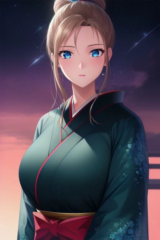 1girl, huge_breasts, standing, solo, kimono, masterpiece, best_quality, detailed_face, detailed_eyes, highres, beautiful, detailed, absurdres, starry_sky,