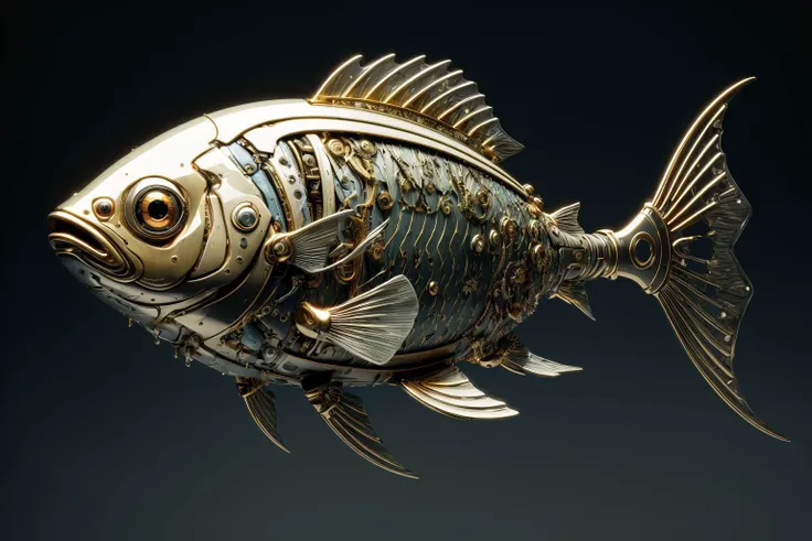 ((ultra realistic details)), solo,shadows, octane_render, 8k, ultra_sharp, metal, ornaments_detailed, cold_colors, highly_intricate_details, realistic_light, glowing_eyes, neon_details, <lora:Mechanicalfish:0.7>, Mechanical golden fish
