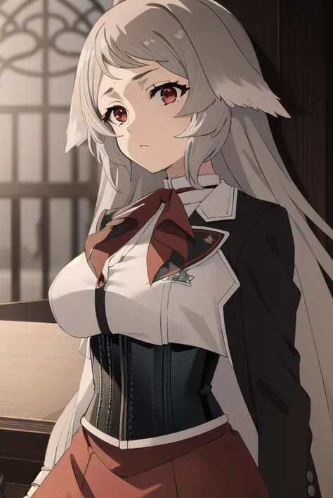 pursenaadoldia, <lyco:pursenaadoldias2-lyco-nochekaiser:1>,
pursena adoldia, long hair, (red eyes:1.5), animal ears, very long hair, grey hair,
BREAK skirt, long sleeves, pantyhose, frills, shoes, red skirt,  loafers, white pantyhose, blazer, (white blazer:1.5), corset, (black corset:1.5),
BREAK indoors, classroom,
BREAK looking at viewer, (cowboy shot:1.5),
BREAK <lyco:GoodHands-beta2:1>, (masterpiece:1.2), best quality, high resolution, unity 8k wallpaper, (illustration:0.8), (beautiful detailed eyes:1.6), extremely detailed face, perfect lighting, extremely detailed CG, (perfect hands, perfect anatomy),