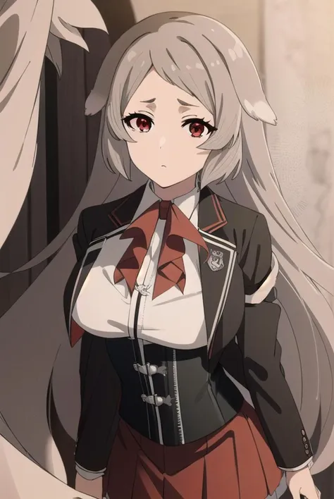pursenaadoldia, <lyco:pursenaadoldias2-lyco-nochekaiser:1>,
pursena adoldia, long hair, (red eyes:1.5), animal ears, very long hair, grey hair,
BREAK skirt, long sleeves, pantyhose, frills, shoes, red skirt,  loafers, white pantyhose, blazer, (white blazer:1.5), corset, (black corset:1.5),
BREAK indoors, classroom,
BREAK looking at viewer, (cowboy shot:1.5),
BREAK <lyco:GoodHands-beta2:1>, (masterpiece:1.2), best quality, high resolution, unity 8k wallpaper, (illustration:0.8), (beautiful detailed eyes:1.6), extremely detailed face, perfect lighting, extremely detailed CG, (perfect hands, perfect anatomy),