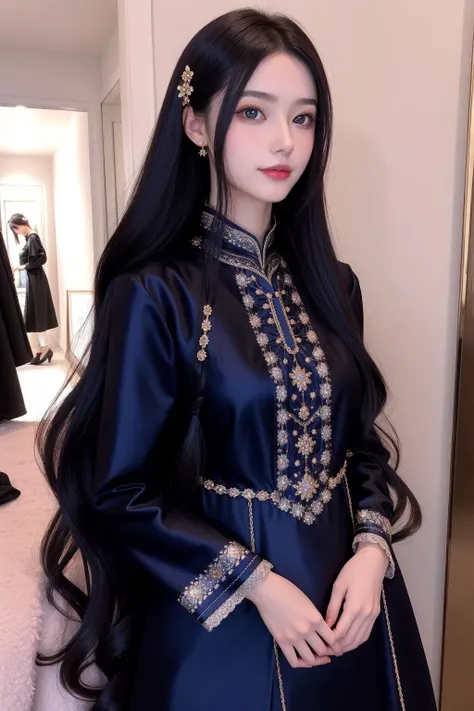 1girl, lower class Mundane skinny traditional [Prussian:Vintage:5] (Boyfriend of [Victory:Happiness:17]:1.1) , he is with a Mink, ð¤« as a Gallery owner, dressed in dark black Satin and Sapphires tunic with The Parthenon details, he has Textile hair, flower in hair