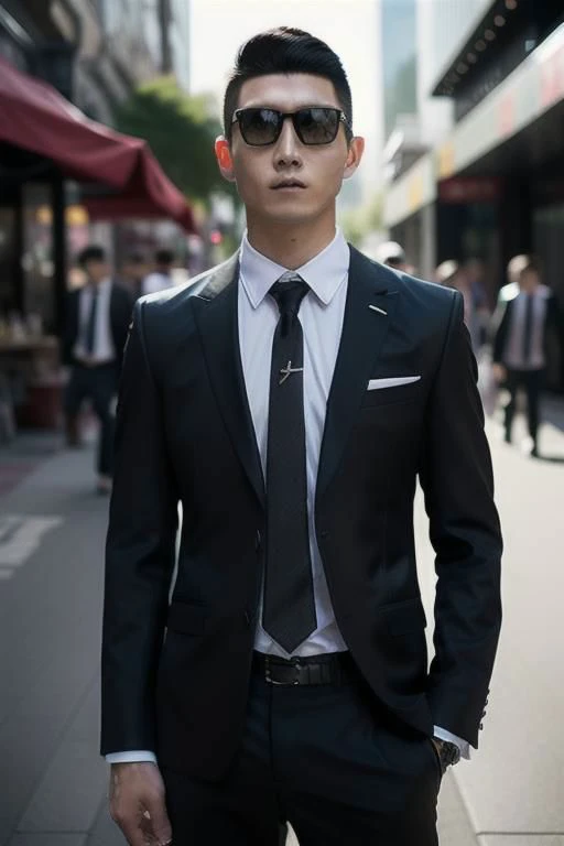 <lora:xh_20231012144452:0.9>,xh,necktie,formal,sunglasses,shirt,suit,multiple boys,pants,male focus,black necktie,jacket,blurry background,blurry,black pants,white shirt,hand in pocket,black jacket,black hair,belt,collared shirt,looking at viewer,realistic,short hair,standing,long sleeves,outdoors,closed mouth,open clothes,depth of field,cowboy shot,black suit,