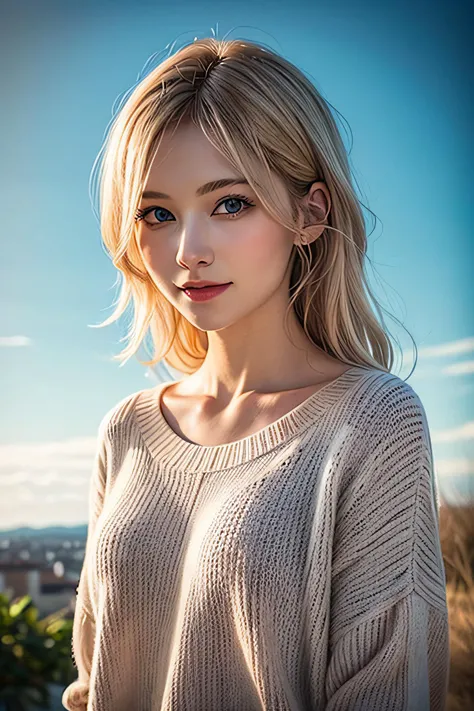(((top-quality,8K,masterpiece:1.3)),Crisp focus:1.2,Cute woman with perfect body shape:1.4,Highly detailed facial and skin texture,、Beautiful face beautifully and evenly photographed:1.5、Full Body Angle、Scandinavian cute girl、Small、Beautiful silky silver hair、clear gray eyes、Long knitwear、(Black XL Size Knitwear)、plein air、flower field、Rose Garden、(((blurry backround:1.3)))
