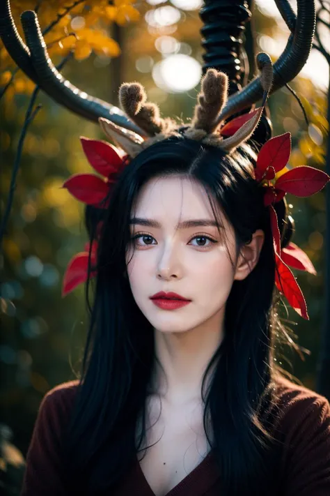 <lora:mn_20231013145446:0.9>,<lora:女巫:0.7>,mn,1girl,solo,nature,horns,forest,makeup,leaf,looking at viewer,red lips,antlers,lipstick,outdoors,blurry,tree,