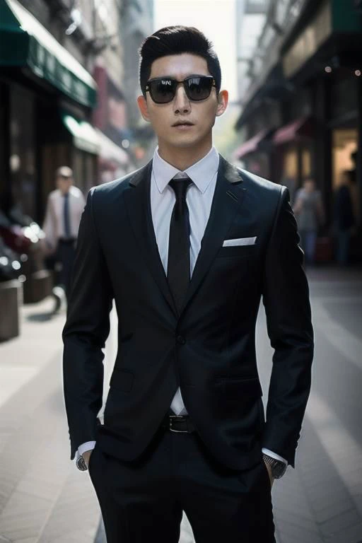 <lora:xh_20231012144452:0.9>,xh,necktie,formal,sunglasses,shirt,suit,multiple boys,pants,male focus,black necktie,jacket,blurry background,blurry,black pants,white shirt,hand in pocket,black jacket,black hair,belt,collared shirt,looking at viewer,realistic,short hair,standing,long sleeves,outdoors,closed mouth,open clothes,depth of field,cowboy shot,black suit,