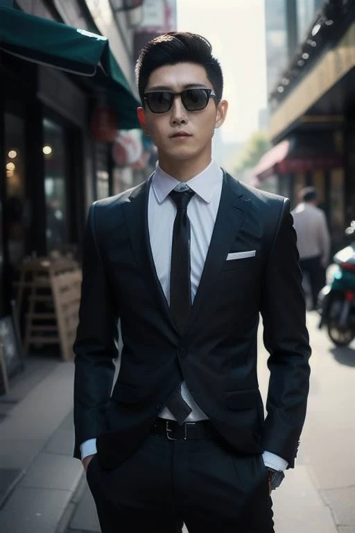 <lora:xh_20231012144452:0.9>,xh,necktie,formal,sunglasses,shirt,suit,multiple boys,pants,male focus,black necktie,jacket,blurry background,blurry,black pants,white shirt,hand in pocket,black jacket,black hair,belt,collared shirt,looking at viewer,realistic,short hair,standing,long sleeves,outdoors,closed mouth,open clothes,depth of field,cowboy shot,black suit,