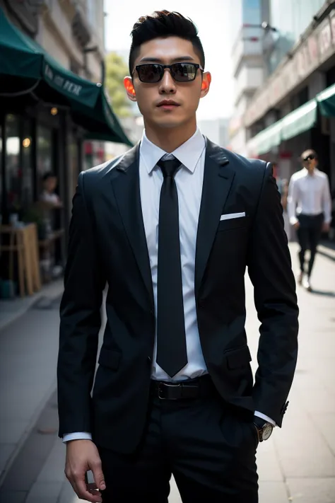 <lora:xh_20231012144452:0.9>,xh,necktie,formal,sunglasses,shirt,suit,multiple boys,pants,male focus,black necktie,jacket,blurry background,blurry,black pants,white shirt,hand in pocket,black jacket,black hair,belt,collared shirt,looking at viewer,realistic,short hair,standing,long sleeves,outdoors,closed mouth,open clothes,depth of field,cowboy shot,black suit,