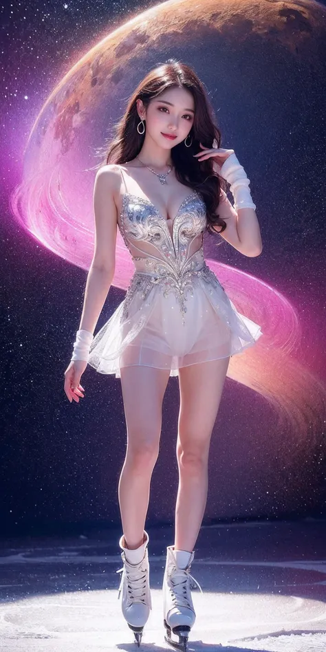 (Realisticity:1.4),Cinematic Lighting,1Girl,(standing,beautiful long_Slender_legs),(korean mixed,kpop idol:1.2),earrings,necklace,(long_brown_wavy_hair),shiny_lips,eyelashes,make-up,shiny,Pore,skin texture,big breasts,smile,
((Ice Skating Outfit)),((Printmaking, Within a celestial realm, a garden of ethereal beauty flourishes, its celestial blossoms a reflection of celestial majesty, negative fill, kicker light,Graphic Novel)),