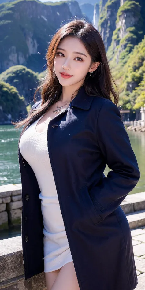 (Realisticity:1.4),Cinematic Lighting,1Girl,(standing,beautiful long_Slender_legs),(korean mixed,kpop idol:1.2),earrings,necklace,(long_brown_wavy_hair),shiny_lips,eyelashes,make-up,shiny,Pore,skin texture,big breasts,smile, ((Peacoat)),((Scenic outlook, spring, Ancient temples, Majestic fjords))