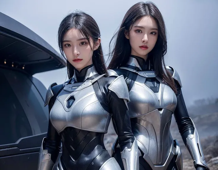 outdoor, ((upper body)), ((( wearing gray and black nano-suits)))+++, (wide hip:0.7, large breasts:0.8, perfect slender young girl body) ,Perfectly glossy skin ,25 yo mature girl, , picture of a vivid, (masterpiece:1.2),(extremely detailed),(8k:1.1),(perfect lighting,best quality,highres,original),(realistic photography:1.4) ,high detailed skin,shaded face, soft lighting, (small face),RAW, ultra highres, pores visible, , shiny_and_glossy_skin, asian beauty, (gorgeous beautiful 20 years old asian girl), ((best detailed slender body)), (asian idol, asian beauty, asian mixed), (complex, Machine background ,spaceship outdoors background, Mecha Transport parts:1.2), (dark and foggy environment:1.1), ((heavy fog environment:1.1)), (battlefield behind:1.2), <lora:JapaneseDollLikeness_v15:0.3>