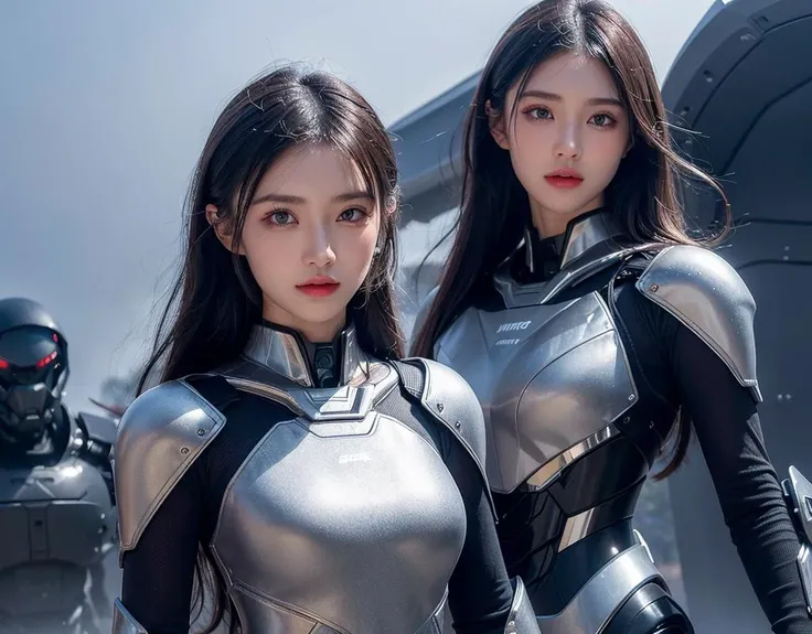 outdoor, ((upper body)), ((( wearing gray and black nano-suits)))+++, (wide hip:0.7, large breasts:0.8, perfect slender young girl body) ,Perfectly glossy skin ,25 yo mature girl, , picture of a vivid, (masterpiece:1.2),(extremely detailed),(8k:1.1),(perfect lighting,best quality,highres,original),(realistic photography:1.4) ,high detailed skin,shaded face, soft lighting, (small face),RAW, ultra highres, pores visible, , shiny_and_glossy_skin, asian beauty, (gorgeous beautiful 20 years old asian girl), ((best detailed slender body)), (asian idol, asian beauty, asian mixed), (complex, Machine background ,spaceship outdoors background, Mecha Transport parts:1.2), (dark and foggy environment:1.1), ((heavy fog environment:1.1)), (battlefield behind:1.2), <lora:JapaneseDollLikeness_v15:0.3>