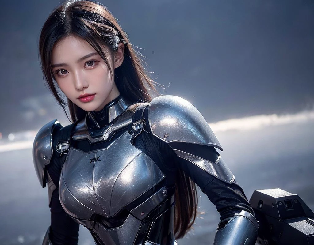 outdoor, ((upper body)), ((( wearing gray and black nano-suits)))+++, (wide hip:0.7, large breasts:0.8, perfect slender young girl body) ,Perfectly glossy skin ,25 yo mature girl, , picture of a vivid, (masterpiece:1.2),(extremely detailed),(8k:1.1),(perfect lighting,best quality,highres,original),(realistic photography:1.4) ,high detailed skin,shaded face, soft lighting, (small face),RAW, ultra highres, pores visible, , shiny_and_glossy_skin, asian beauty, (gorgeous beautiful 20 years old asian girl), ((best detailed slender body)), (asian idol, asian beauty, asian mixed), (complex, Machine background ,spaceship outdoors background, Mecha Transport parts:1.2), (dark and foggy environment:1.1), ((heavy fog environment:1.1)), (battlefield behind:1.2), <lora:JapaneseDollLikeness_v15:0.3>