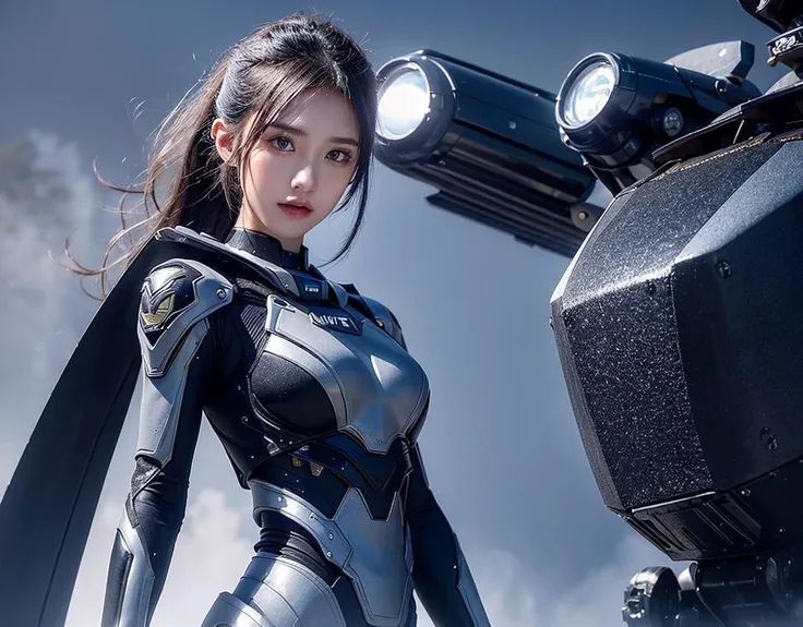 outdoor, ((upper body)), ((( wearing gray and black nano-suits)))+++, (wide hip:0.7, large breasts:0.8, perfect slender young girl body) ,Perfectly glossy skin ,25 yo mature girl, , picture of a vivid, (masterpiece:1.2),(extremely detailed),(8k:1.1),(perfect lighting,best quality,highres,original),(realistic photography:1.4) ,high detailed skin,shaded face, soft lighting, (small face),RAW, ultra highres, pores visible, , shiny_and_glossy_skin, asian beauty, (gorgeous beautiful 20 years old asian girl), ((best detailed slender body)), (asian idol, asian beauty, asian mixed), (complex, Machine background ,spaceship outdoors background, Mecha Transport parts:1.2), (dark and foggy environment:1.1), ((heavy fog environment:1.1)), (battlefield behind:1.2), <lora:JapaneseDollLikeness_v15:0.3>