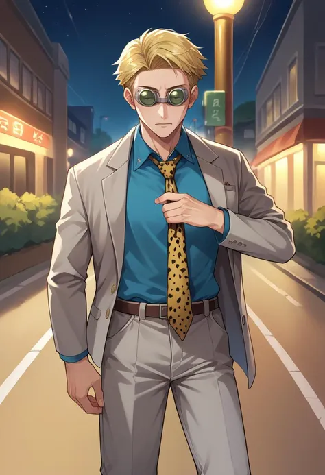 score_9, score_8_up, source_anime, 1boy, solo, NanamiBase, blonde hair, short hair, goggles, grey jacket, yellow necktie, leopard print, blue shirt, collared shirt, grey pants, adjusting clothes, adjusting necktie, hand up, outdoors, street, night, <lora:ChamKentoNanamiPonyXL:1>