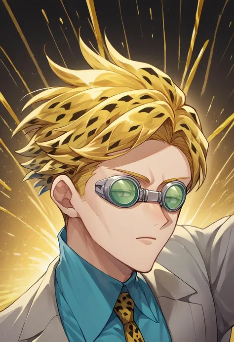 score_9, score_8_up, source_anime, 1boy, solo, NanamiBase, blonde hair, short hair, goggles, grey jacket, yellow necktie, leopard print, blue shirt, collared shirt, grey pants, incrsxlcrystalhair, crystal hair, shiny hair, <lora:ChamKentoNanamiPonyXL:1>, <lora:CrystalHair_XLPD:1.4>