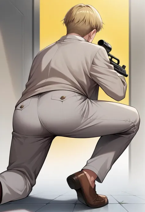 score_9, score_8_up, source_anime, 1boy, solo, NanamiBase, blonde hair, short hair, grey jacket, grey pants, brown shoes, nikkeaiming, full body, one knee, from behind, big ass, facing away, <lora:ChamKentoNanamiPonyXL:1.0>, <lora:nikke-style-poses-richy-v1_pdxl:1.0>