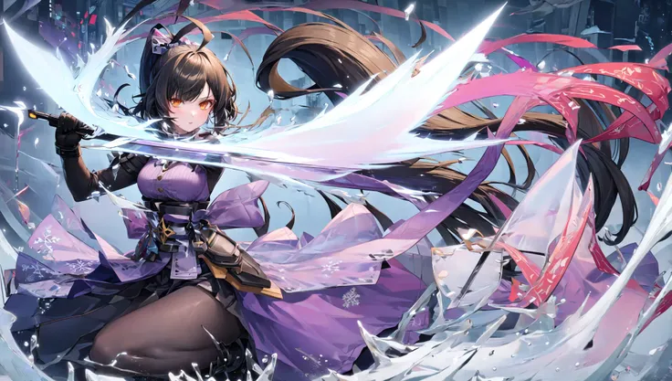 1girl, solo, sakifuwa, <lora:sakifuwa_v11n:0.8>, very long hair, ponytail, orange eyes, black hair, ahoge, black tights, purple strain of hair, very long skirt, holding weapon, holding sword, attacking, frost effects, frost particles, frost pillars, frost spikes, frost glow, 1 sword