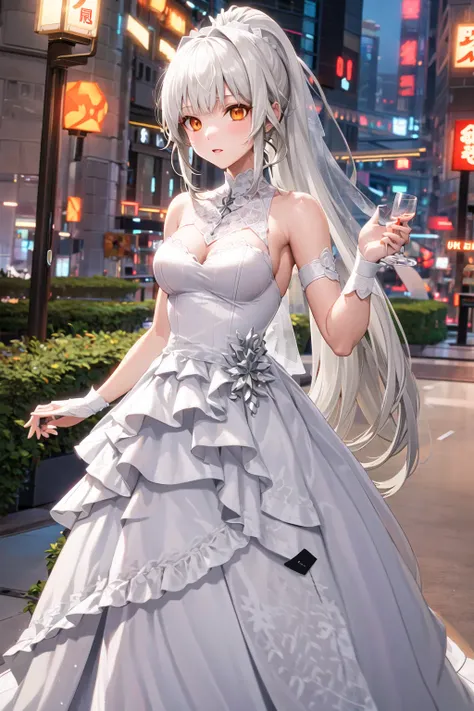 sakifuwa, wedding dress, medium breasts, orange eyes, white hair, very long hair, ponytail, <lora:sakifuwa_v11n:0.7>