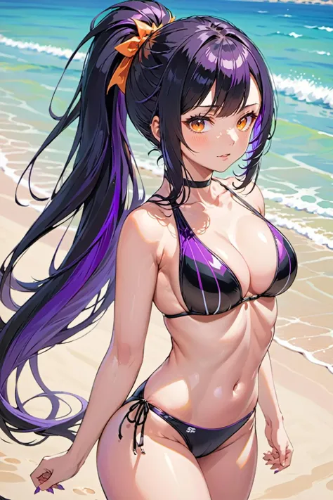 sakifuwa, swimsuit, (one-piece swimsuit), medium breasts, orange eyes, black hair, very long hair, black hair, ponytail, multicolored hair, streaked hair, purple strain of hair <lora:sakifuwa_v12_XL-30:0.7>