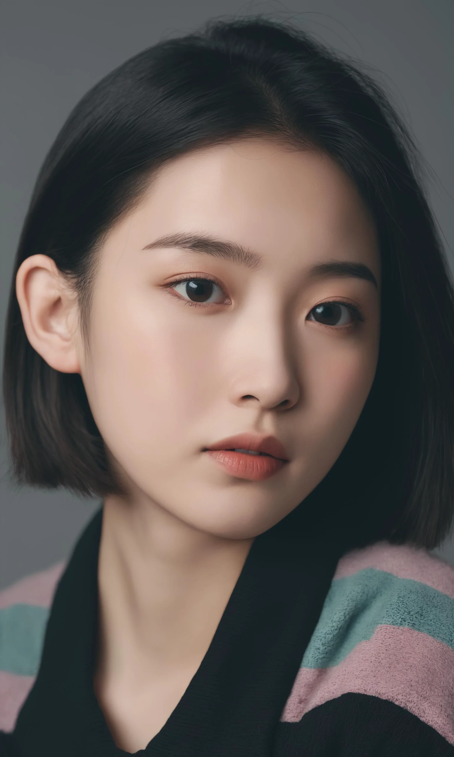 A 20-year-old woman with dark hair and Asian face, (high top fade: 1.3), dark background, soothing tones, pastel colors, high contrast,