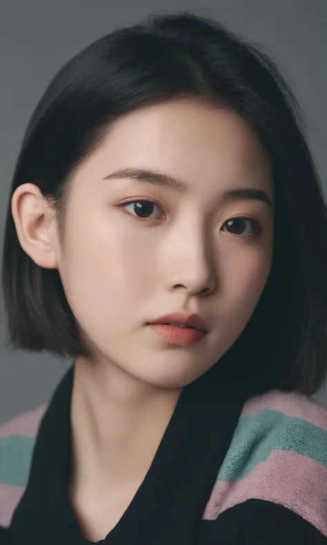 A 20-year-old woman with dark hair and Asian face, (high top fade: 1.3), dark background, soothing tones, pastel colors, high contrast,