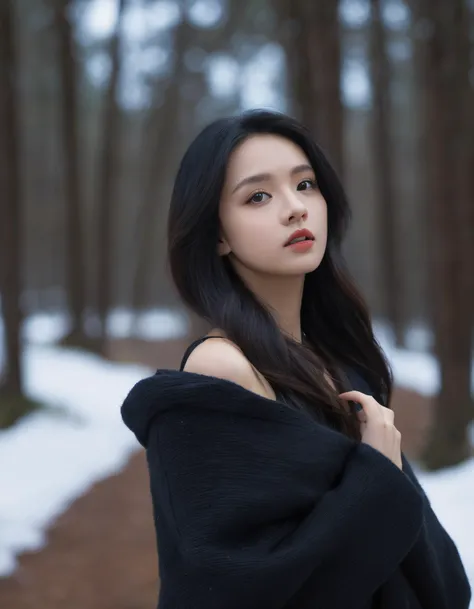 hangfeng, a young beautiful woman in a dark forest, realistic skin texture, shoulder portrait, outdoor, erotic, winter, natural lighting, 4k, uhd, masterpiece
