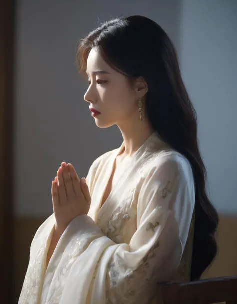 hangfeng, a young beautiful woman praying in a church, realistic skin texture, shoulder portrait, harsh lighting, 4k, uhd, masterpiece