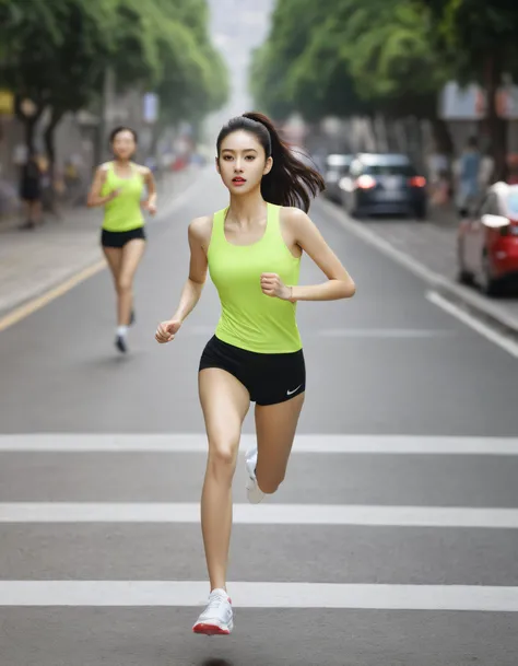 hangfeng, a young beautiful woman running on a street, realistic skin texture, shoulder portrait, photo from above, sports wear, summer, natural lighting, 4k, uhd, masterpiece