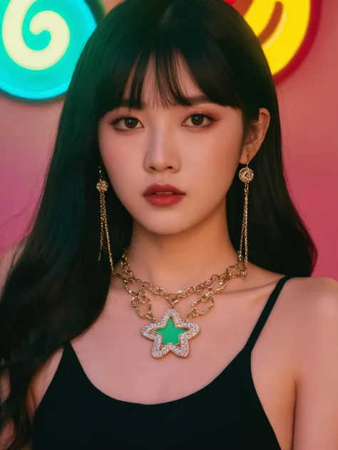 woman with a necklace and a necklace with a neon sign in the background, popular korean makeup, character album cover, dark psychedelia style, joy, promotional photoshoot, with a dark fringe, vogue cover style, promotional render, center parted curtain bangs,