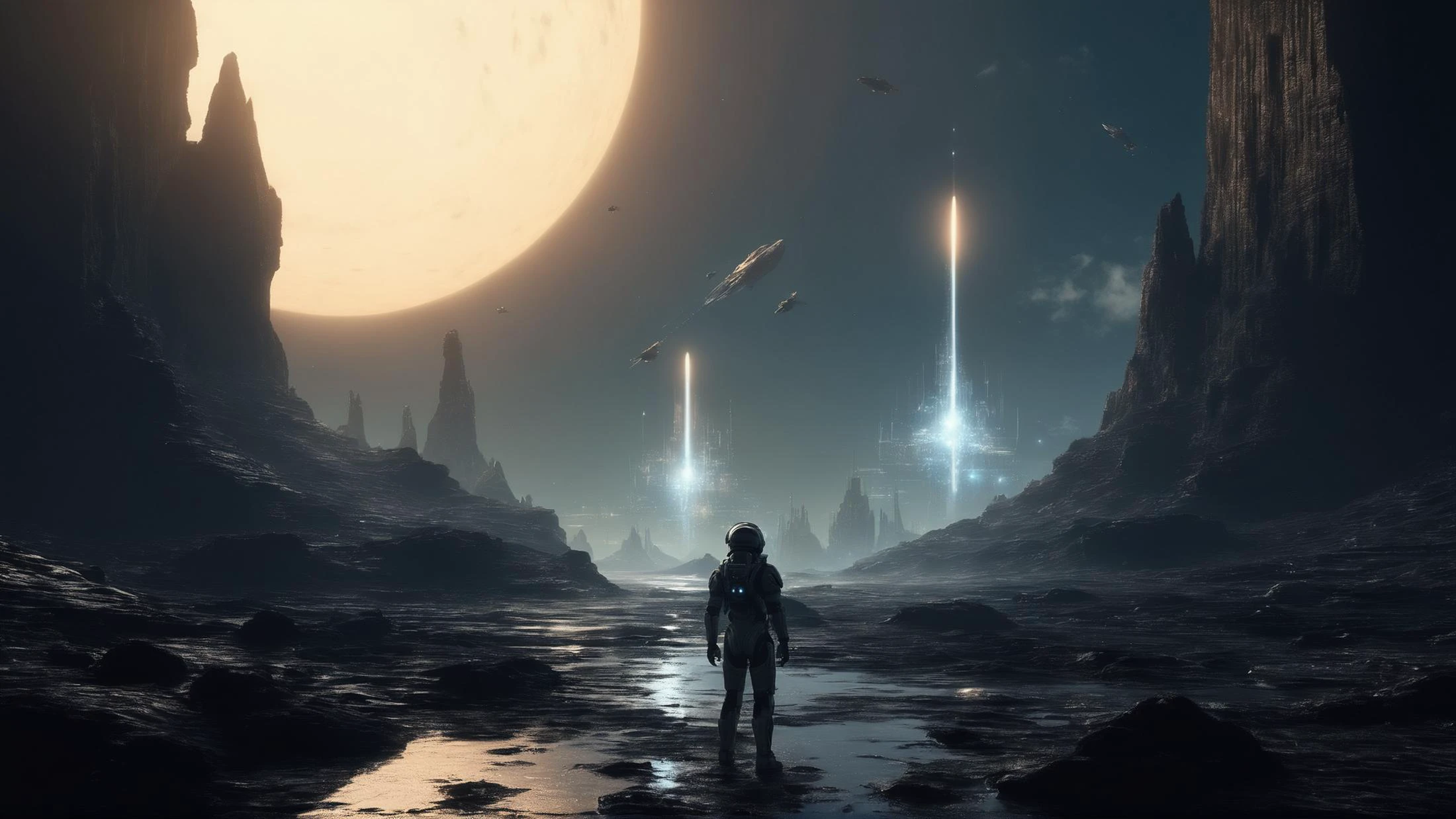 photorealistic sci-fi render of an enormous (alien spaceships), space port, outpost lights, low dim huge planet on the horizon, storm, heavy rain,
two human silhouettes, walking towards a spaceship, woman-engineer dressed in a space suit standing in front of enormous (alien spaceships),
two moons in the sky, side view, dark night, high fin-shaped cliffs, melted rocks, caves, raytracing, alien semitransparent exotic (glowing plants), glowing insects, fantasy alien creatures silhouettes,
muted colors, bokeh, bloom, hazy, fuzzy, foggy, matte, photorealistic, fantasy, sci-fi, cyberpunk, artwork, illustration, digital art, 3d render,
irradiance, glow, radiance, incandescence, shining, halo, aureole, flash, splotch, glistening, glittering, glimmer, glare, flare, blaze, gleam, sparkle, spark, flicker, twinkle, glint, shimmer, iridescence, reflection, refraction, raytracing,