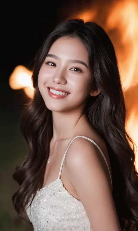 arien photography,1girl,solo,smile,long hair,black hair,looking at viewer,realistic,blurry,blurry background,teeth,black eyes,fire,watermark,grin,upper body,brown eyes,messy hair,lips,open mouth,web address,brown hair,bare shoulders,dress,night,outdoors,