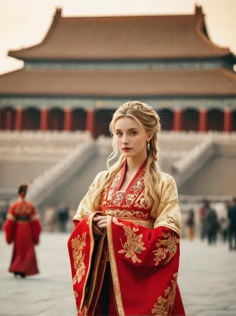 a couple from Europe with valuableness (red Hanfu:1.5),(hanfu with Gold jewelry:1.5),natural skin texture,68mm,4k textures,((highres)),ultra detailed,vivid colors,cinematic lighting,depth of field,(looking at camera:1.5),hyper realistic,lifelike texture,dramatic lighting,professional shot,outdoor,(sunlight, Light and shadow effect:1.5),(Intimate look:1.5),blond hair,White girl,Distant view,background is Forbidden City,