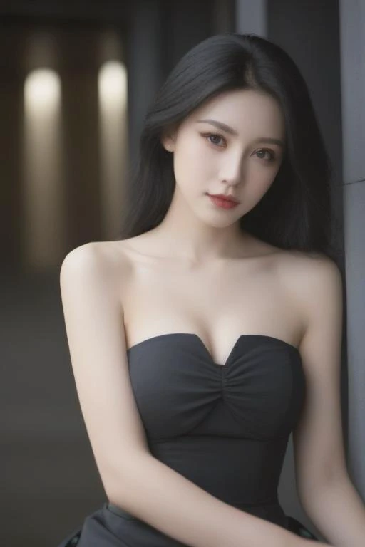 1girl,solo,black hair,long hair,dress,looking at viewer,black dress,realistic,sitting,bare shoulders,parted lips,lips,breasts,blurry background,strapless,strapless dress,blurry,black eyes,cleavage,collarbone,