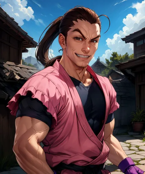 dan,brown hair,brown eyes,ponytail,muscular male, looking at viewer, 
pink dougi,black undershirt,fingerless gloves,
standing, happy, teeth, 
smile, 
dojo,outdoors, 
(insanely detailed, beautiful detailed face, masterpiece, best quality) cinematic lighting,(solo:1.6),
<lora:danhibiki:0.8>,