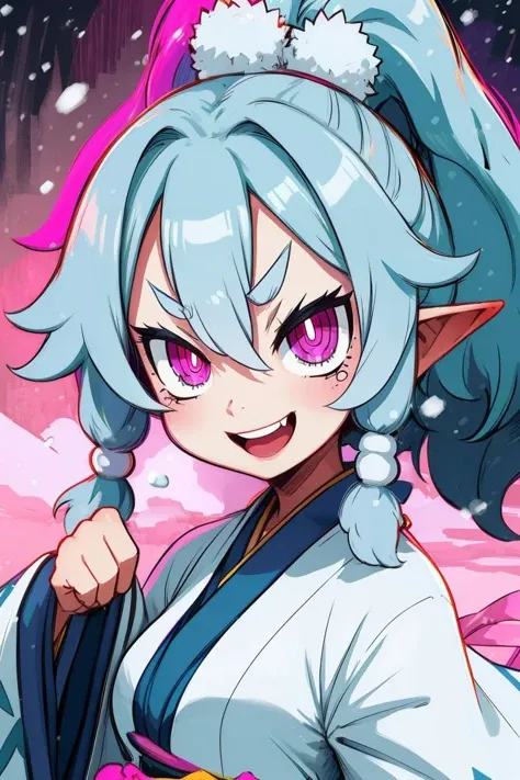 Ao,teal hair,purple eyes,pointy ears,pink eyes,ponytail,hai,
white kimono,evil smile,wide sleeves,open mouth,
standing,
snow village,
(insanely detailed, beautiful detailed face, masterpiece, beautiful detailed eyes, best quality),<lora:Ao-10D7:0.8>,