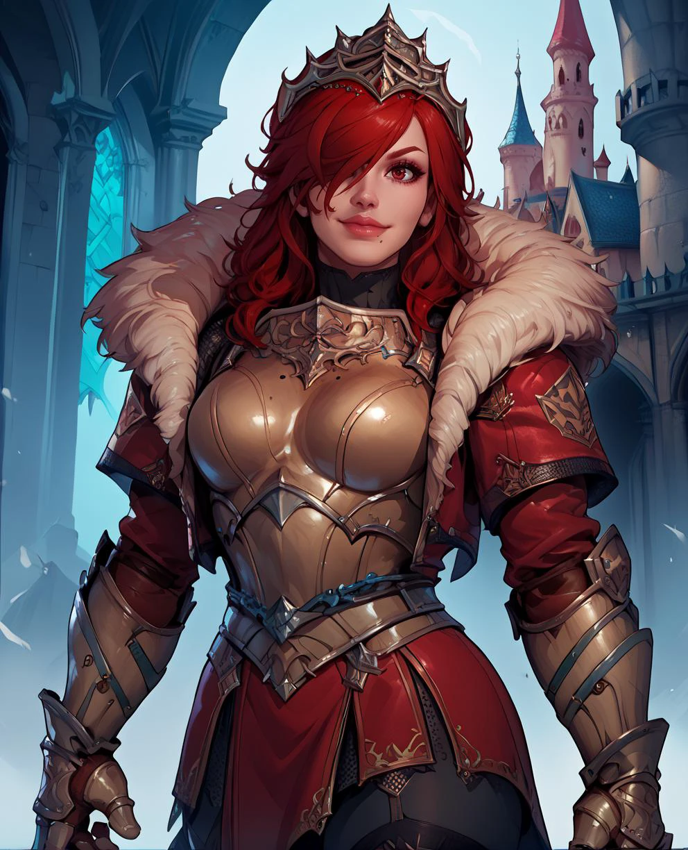 score_9,score_8_up,score_7_up,
hildexl,red hair,lips,hair over one eye,red eyes,mole under mouth,
armor,gauntlets,fur trim,breastplate,thighhighs,red coat,head crown,looking at viewer,light smile,
standing,
european castle,
<lora:HildeSC6XL-10:0.8>,