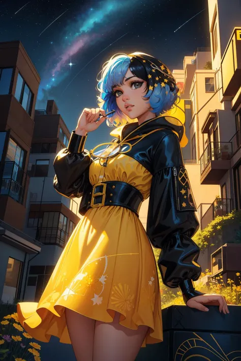 1girl, colorful Oil painting, awardwinning Color splash, dense hillside and Aquarius constellation in background, highly detailed, selfie of a Suspicious Anxious ([Bichon Frise|Kestrel]:1.3) , concept art, Revealing flowers in background, Sun in the sky, FOV 90 degrees, Detailed illustration, Dark, behance, Biopunk Art, volumetric lighting, macro lens, Low Contrast, National Geographic, fluorescent yellow flakes, Concept Art World, trending on CGSociety, (designed by Juan Gris:1.3) , (Francis Ford Coppola:0.8) , (Lee Loughridge:1.1)