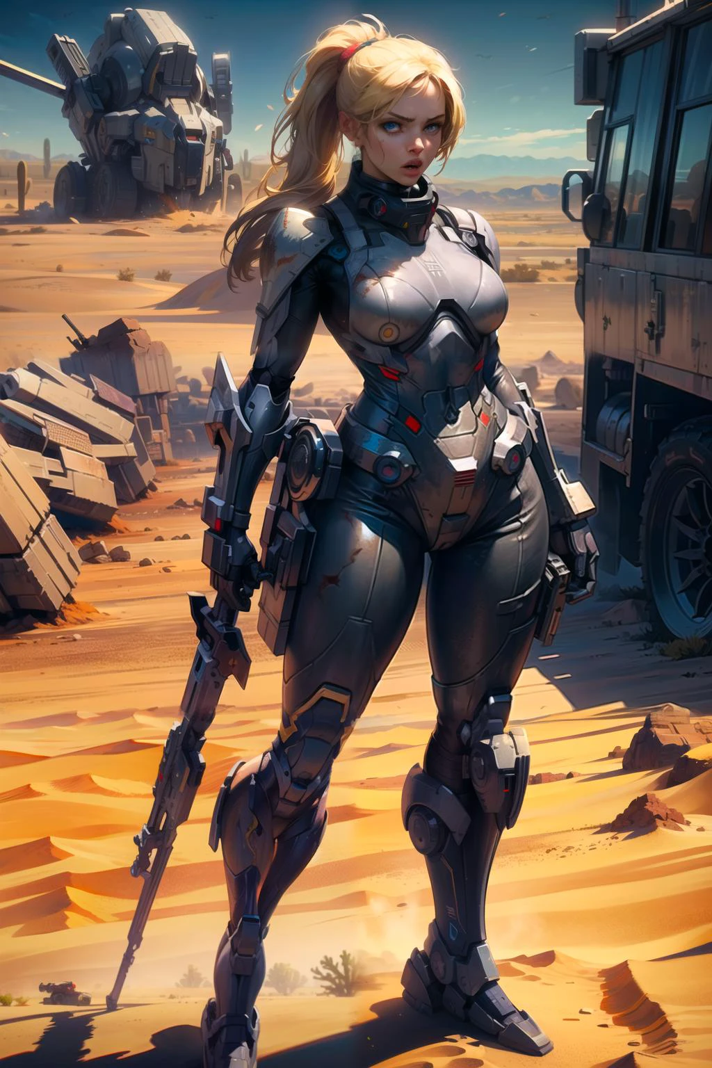 realistic, high quality, (masterpiece: 1.2), extremely read,detailed, absurd, solo woman,(mecha suit,) ,(blonde hair,ponytail), expression of rage,blue eyes, , extremely design bright and shiny, looking at the viewer,(battlefield:1.3),,(standing in desert:1.3),vertical,8k,4k,<lora:edgMechaSuit:1><lora:add-detail-xl:0.4><lora:detail_slider_v4:0.8><lora:more_details:0.4><lora:hairdetailer:0.4><lora:Krys_Decker_style_v1-10:0.3><lora:Concept Art Twilight Style SDXL_LoRA_Pony Diffusion V6 XL:0.8>