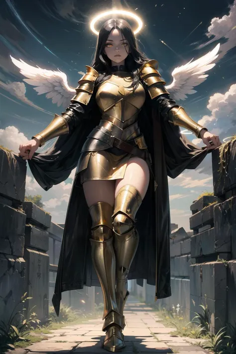 (angel with big shining halo:1.2), long black hair, glowing yellow eyes, runic tatoos, (wearing leather gold armor:1.3), skirt, lights and cloud, bright, sky background, <lora:more_details:0.8> <lora:breastsizeslideroffset:0.1>