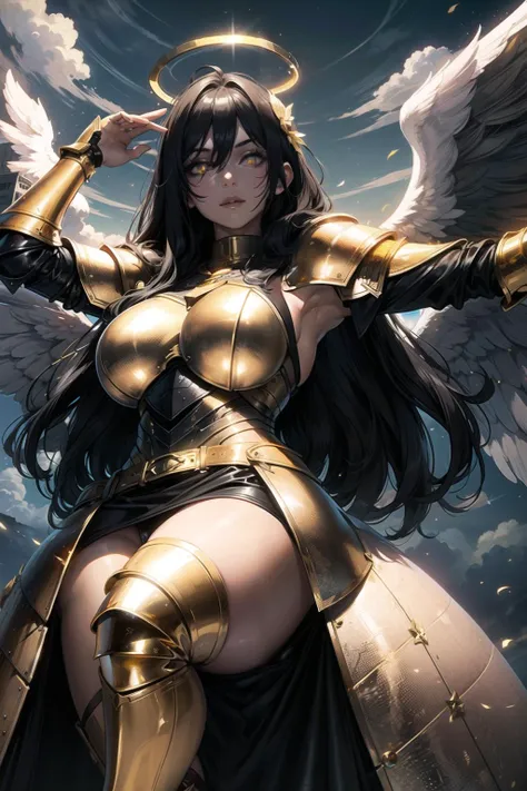 fantasy, 1angel_girl,child, loli,dark_color_hair, medium_bob_hair, long_bangs, halo,bare_shoulder,thighhighs,(shiny_silver_armor:1.1), waist_armor, large_breasts,angry,smile,open_mouth1pair_wings, dynamic_ pose_fighting,floating, bare_crotch, covered_nipples, covered_pussy,headgear,gauntlet, greaves, pelvic_curtain, city_sky_background,slightly_spread_legs, solo, groin_naked,(masterpiece, best quality, best quality, official art, beautiful and aesthetic:1.2), (1 girl), very detailed,