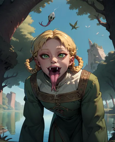 score_9,score_8_up,score_7_up,
ryazorayas,blonde hair,hair rings,twin braids,green eyes,bad_posture,slit pupils,light smile,
green dress,long sleeves,open mouth,forked tongue,saliva trail,
leaning forward,from below,
lake,trees,
<lora:RyaZorayasXL-ER11:0.9>,