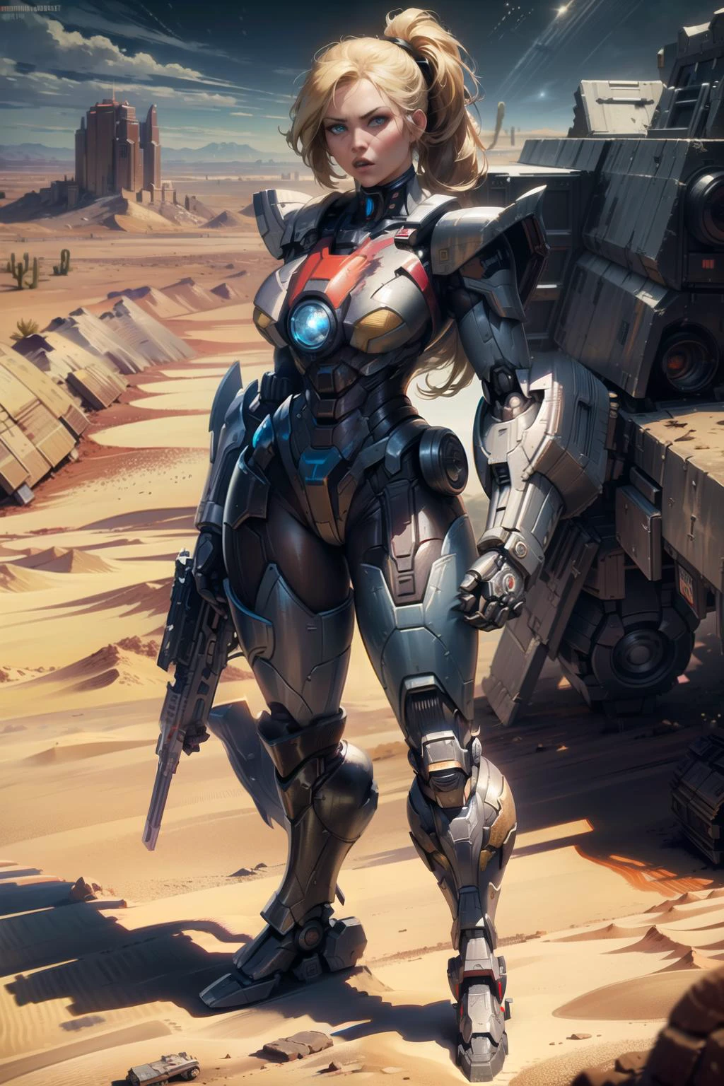 realistic, high quality, (masterpiece: 1.2), extremely read,detailed, absurd, solo woman,(edgMecha, wearing edgMecha, mecha suit, robot suit, giant woman) ,(blonde hair,ponytail), expression of rage,blue eyes, , extremely design bright and shiny, looking at the viewer,(battlefield:1.3),,(standing in desert:1.3),vertical,8k,4k,<lora:edgMechaSuit:1><lora:add-detail-xl:0.4><lora:detail_slider_v4:0.8><lora:more_details:0.4><lora:hairdetailer:0.4><lora:Krys_Decker_style_v1-10:0.3><lora:Concept Art Twilight Style SDXL_LoRA_Pony Diffusion V6 XL:0.8>