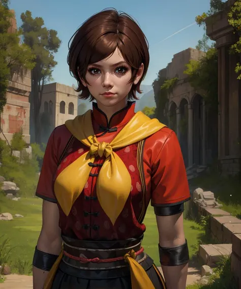 Eileen,brown hair,short hair,brown eyes,
yellow neckerchief,red chinese top,elbow pads,short sleeves,black pants,
stone ruins,
standing,upper body,looking at viewer,
(insanely detailed, masterpiece, best quality),<lora:Eileen:0.8>,